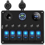 MKING 6 Gang Marine Boat Rocker Switch Panel Waterproof Overload Protector 12-24V LED Digital Voltmeter + Dual USB (QC 3.0 & Type-C) + Cigarette Lighter Socket for Boat, Marine, UTV, Truck, Car