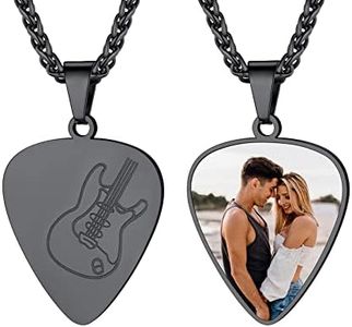 U7 Pick Necklace Custom Photo Dog Tags Pendant - Black Metal Plated Stainless Steel Personalized Guitar Picks for Electric Guitars With Picture on Back Side