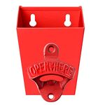 Jumiok Red Cast Iron Beer Bottle Cap Opener Wall Mounted Soda Opener with Cap Catcher Bucket Narrow Bundle