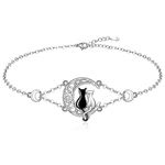 Cat Anklets Ankle Bracelet for Women Sterling Silver Celtic Knot Moon Star Anklet Bracelet Cat Lovers Summer Cute Black and White Cat Animal Beach Boho Foot Chain Jewelry, Sterling Silver , Cubic Zirconia