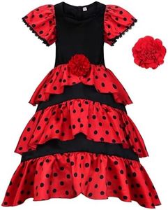 ReliBeauty Girls Flamenco Costume Spanish Dancer Skirt Kids Halloween Fancy Dress with Two Red Flowers, 4T/110