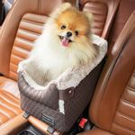 PETSFIT Center Console Dog Car Seat with Safe Protection Hooks, Pet Car Seat with Upgraded Safety Tethers, Washable Cushion, Console Dog Car Seats for Small Dogs (Brown)