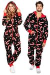 Tipsy Elves Christmas Onesies for Adults - Comfy Unisex Matching Holiday Jumpsuits with Convenient Pockets, Candy Cane Lane (Black Red White), Large