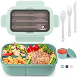 Sinnsally Bento Lunch Box Kids,1250ml Stackable Packed Lunch Boxes for Adults,Food Container with 3 Compartments and Cutlery Set,Layered Lunchbox,Leakproof,Rectangle,Microwave/Dishwasher Safe(Green)