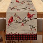 Seliem Vintage Bird Branch Table Runner, Winter Cardinal Chickadee Berry Scarf Home Kitchen Red Black Buffalo Plaid Check Decor, Christmas Farmhouse Burlap Dining Decoration Holiday Party Supply 13X60