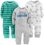 Simple Joys by Carter's Baby Boys' 3-Pack Jumpsuits, Dino, Green Stripe, Gray, Newborn