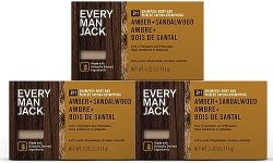 Every Man Jack Amber + Sandalwood Mens Soap Bar for Body and Hair with Shea Butter, Aloe Vera, and Glycerin to Clean, Hydrate, and Soothe Skin - Naturally Derived, Zero Harmful Chemicals - 3 Pack