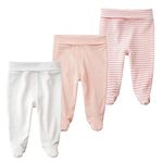 ACESTAR Newborn Infant Baby Boys Girls 3-Pack Cotton High Waist Footed Pants with Feet 0-3 Months, Pink