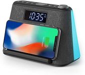 Alarm Clock Bedside FM Radio Non Ticking with USB Charger & Wireless QI Charging, Bluetooth Speaker, RGB LED Night Light, Dimmable Display and White Noise Machine - Mains Powered with Battery Backup