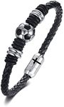 MEALGUET Men's Football Soccer Ball Charm on Braided Genuine Leather Bangle Bracelets with Stainless Steel Clasp with Cross Engraved