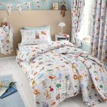 Happy Linen Company Girls Boys Kids Animal Alphabet ABC White Multicolour Single Reversible Duvet Cover Quilt Bedding Set with Pillow Case Bed Linen