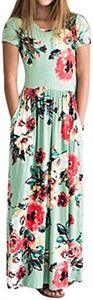 Fashspo Girl's Kids Floral Printed Short Sleeve Pleated Pockets Casual Long Maxi Dress Blue,3-4T