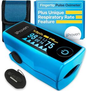 iProven Blood Oxygen Monitor Fingertip, Oximeter Measures Pulse Rate, Respiratory Rate, Oxygen Saturation (SpO2), and Perfusion Index, including Batteries and a Lanyard.
