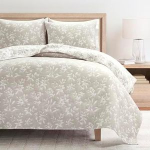 Lush Decor Parure de lit 3 pièces réversible en coton doux jacquard floral, lit double/grand lit, neutre – Motif floral – Décor printanier – Literie pour grand lit – Cottage et décoration de ferme