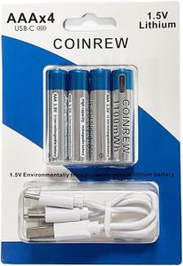 Coinrew AAA Lithium-Ion Rechargeable Batteries - 616mAh, 1100mWh, USB-C, 4-Pack with Multi-Port Charging Cable - Durable & Eco-Friendly for Everyday Devices