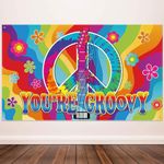 60's Party Decorations Hippie Groovy Backdrop 60s Party Sign Scene Setters Wall Decoration Banner Photo Booth Props Background with Rope for Hippie Theme Groovy Party Decorations, 72.8 x 43.3 Inch