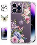 [5-in-1] RoseParrot iPhone 14 Pro Case with Tempered Glass Screen Protector + Camera Lens Protector, Clear with Floral Pattern Design, Shockproof Protective Cover