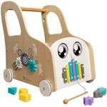 Cateam Wooden Push Cart with Montessori Busy Board - Push and Pull Car Toy Learning Activity Center with Toys Storage - Workbench with Wheels