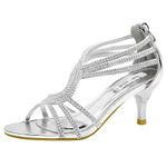 SheSole Ladies Heels Strappy Low Kitten Dress Prom Wedding Bride Sandals Silver Shoes UK Size 5