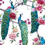 ReWallpaper 44.5cm x 7m Vintage Peacock Peel and Stick Wallpaper Boho Blue/Green Peonies Removable Lining Paper for Walls Vintage Floral Wallpaper for Walls Bathroom Bedroom Girls