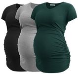 Smallshow Women's V Neck Maternity Clothes Tops Side Ruched Pregnancy T Shirt 3-Pack Black-Deep Green-Light Grey Medium