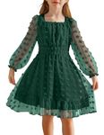 Arshiner Girls Chiffon Dress with Solid Pom Poms & Flutter Ruffle Short Sleeve Kids Lace Square Neck Frocks Green 12-13Y