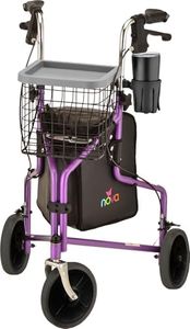 NOVA Traveler 3 Wheel Rollator Walker, All Terrain 8” Wheels, Includes Bag, Basket and Tray, Purple