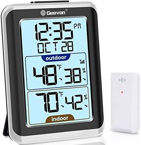 GEEVON Indoor Outdoor Thermometer Wireless Digital Hygrometer Temperature Gauge with Time，200ft/60m Range Temperature Humidity Sensor