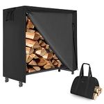 4 Ft Firewood Rack Outdoor with Cover and Tote Bag Combo, Waterproof Wood Rack for Firewood Storage Heavy Duty Log Holders for Inside Fireplace, Black