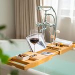 Bamboo Bathtub Caddy Tray, Bath Tub Tray with 12-in-1 Features Adjustable Bathtub Table, Non-Slip and Holds Books/Tablets/Cell Phone/Towels/Foods/Wineglass/Soap Dish (Double Box)