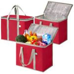 VENO 2 Pack Cooler Bag and Insulated Grocery Bags for Food Delivery, Collapsible Cooler, Reusable Shopping Bags for Groceries with Zipper, Foldable, Heavy-Duty, Stands Upright (Red, 3 Pack)