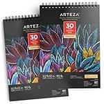 Arteza 22.9x30.5 cm Black Sketch Pad, 2-Pack, 60 Sheets, 150gsm, 30 Sheets Each, Spiral-Bound, Heavyweight Paper, Art Supplies for Graphite & Coloured Pencils, Charcoal, Oil Pastels, Gel Pens, Chalk