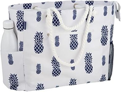 Large Beach Bag Waterproof Sandproof, Top Zipper, 6 Pockets, Soft Rope Handles (white with navy pineapples)