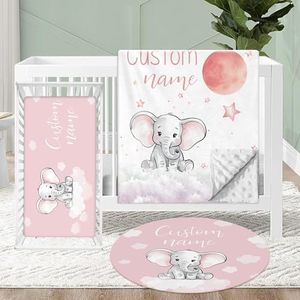KAINSY Personalized Crib Bedding Set for Baby, Soft Girls Nursery Bedding Crib Sets, 3 Pcs Double Layer Custom Name Baby Crib Set, Pink Elephant Baby Bedding Set, Toddlers Infants Customized Gifts