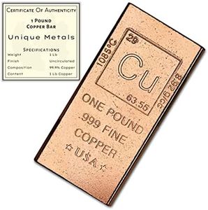 1 Pound Copper Bar Bullion Paperweight - 999 Pure Chemistry Element Design with Certificate of Authenticity by Unique Metals