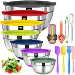 Mixing Bowls with Airtight Lids, 20 Piece Stainless Steel Metal Nesting Bowls, AIKKIL Non-Slip Silicone Bottom, Size 7, 3.5, 2.5, 2.0,1.5, 1,0.67QT Great for Mixing, Baking, Serving (Colorful)