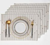 ALSTONIA Handmade Cotton Dining Table Placemats | Heat Resistant Dining Table Place Mats |Kitchen Tabletop|Kitchen Coffee Center Table & Eating Areas (Beige & White, 6 Pcs Placemats)