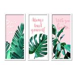 Painting Mantra Motivational Floral's leaves Framed Painting/Posters for Room Decoration, Set of 3 White Frame Art Prints/Posters for Living Room (Size - 22x 47 cm)