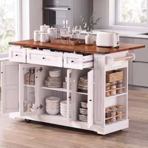 SONDERVIBE 53" Farmhouse Kitchen Cart with Power Outlet, Drop Leaf & Wheels (White)