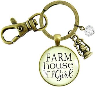 Farmhouse Girl Keychain Southern Chic Jewelry for Women Key Chain - Handmade Love Farm Life Style Quote Pendant, Bronze Oil Lamp Charm, Country Themed Message Card & Box, Thoughtfully Packaged to Gift