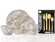 32 Piece Designer Exclusive Combo Set | 16 Piece Dinnerware Set Marble Gold Look & 16 Piece Set Flatware Set Gold, Service for 4, Dishwasher Safe, Plates, Soup or Cereal Bowls, Mugs, Forks, Spoon