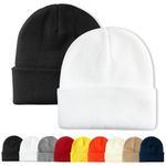 PFFY 2 Packs Unisex Beanie Hats for Men and Women Knit Winter Beanies, Black+white, One Size