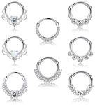 LOYALLOOK 8PCS 16G Septum Clicker Ring Stainless Steel CZ Opal Cartilage Helix Tragus Hoop Daith Earrings Nose Rings Hoop Hinged Segment Clicker Ring Piercing Jewelry, Metal, metal