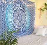 RAJRANG Blue Tapestry for Bedroom - 137x213 cm Boho Cotton Hippie Ombre Mandala Wall Hanging Dorm Tapestries Bohemian Ethnic Beach Throw Blanket for Home and Living Room Decor