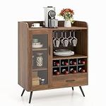 COSTWAY Wine Storage Cabinet, Bar Buffet Cabinet with 3-Row Wineglass Holder, Removable Wine Rack, Tempered Glass Door & Anti-Tipping Kit, Kitchen Sideboard for Dining Room & Living Room, Rustic Brown