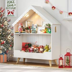 Curipeer Kids Dollhouse Bookshelf, Wooden Bookcase Storage with Motion-Activated Light, 2-Tier Open Display Organizer for Toys, Books, Baby Bookshelf for Birthday, Christmas, Classroom Storage, White