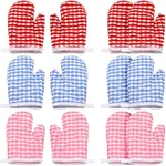 12 Pcs Kids Oven Mitts Children Heat Resistant Kitchen Mitts Checkered Kitchen Oven Gloves Kids Kitchen Mittens for Safe Cooking Baking Microwave Child Play BBQ Grilling, Age 2-10 (Red, Pink, Blue)