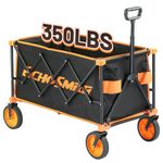 EchoSmile Heavy Duty Collapsible Wagon, 350 lbs Capacity, Outdoor Folding Utility Cart with Adjustable Handle, All-Terrain Wheels for Camping, Grocery & Beach Rolling Carts, Black & Orange