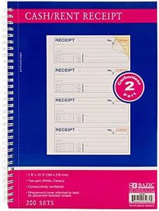 BAZIC Products Spiral Bound Receipts Book for Landlords, Business & Offices, 2-Part Carbonless Forms, 200 Sets 7 5/8" x 10 7/8", White with Bound Wraparound Cover, (200 Sets/Pk), 12-Packs