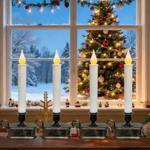 Abeja Battery Operated Window Candles with Sensor Dusk to Dawn, 4Pack Christmas Window Taper Candles with On/Off Switch, Christmas Window Candles for Home Christmas Holiday Party Decorations
